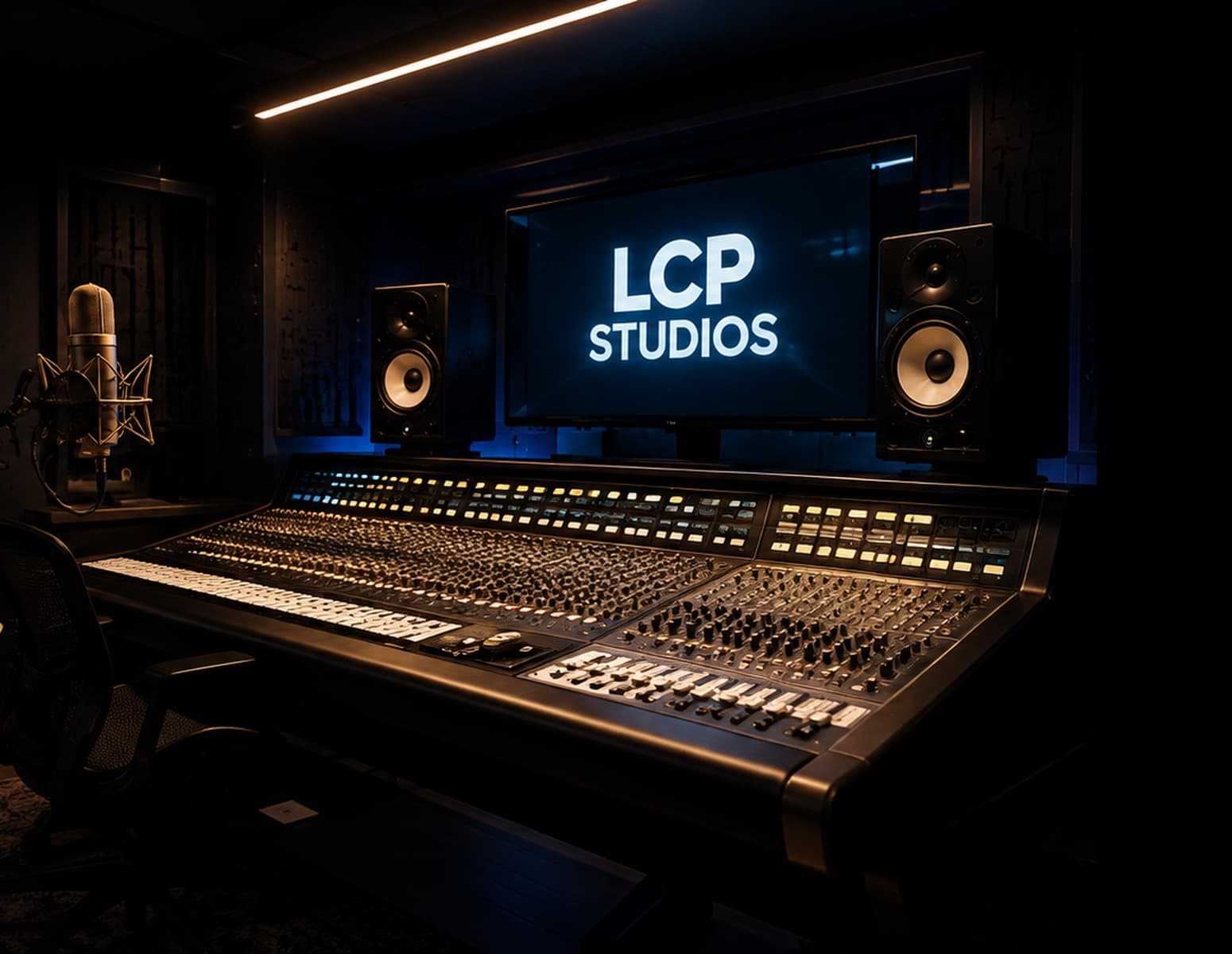 LCP Studios control room with mixing console, studio monitors, and microphone